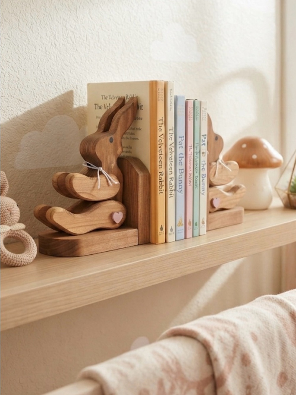 Wooden Bunny Bookends in Natural Wood - Home Wall Decor